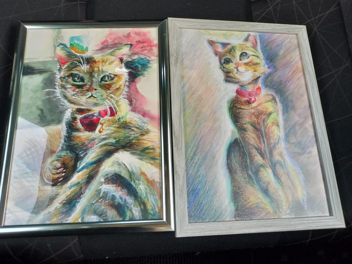 猫ちゃんをクレヨン、色鉛筆、水彩絵の具で描きます 雰囲気に合せた画材を使いA4の紙に描き額に入れて郵送します イメージ9