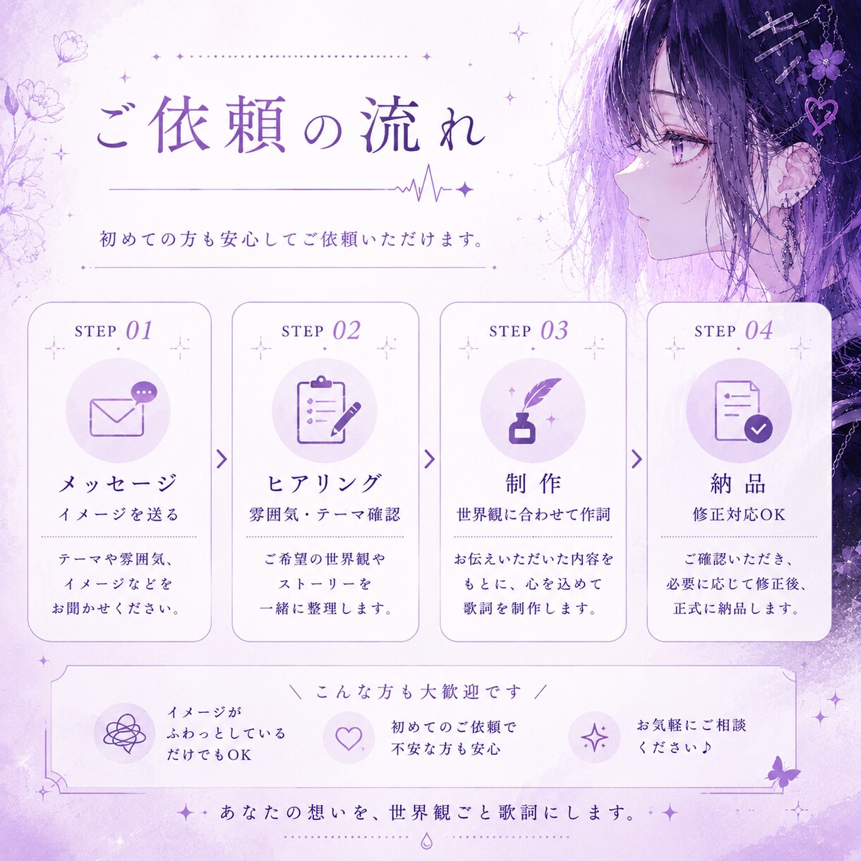 世界観重視の歌詞を書きます かわいいも痛みも、言葉にします イメージ3