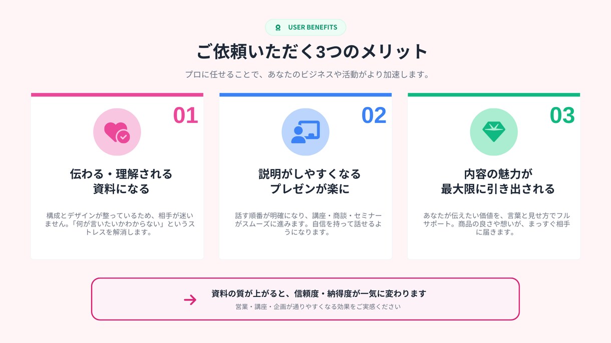 伝わる資料を丁寧に作成します 伝えたい内容を“わかりやすく届く資料”に整えます。 イメージ5