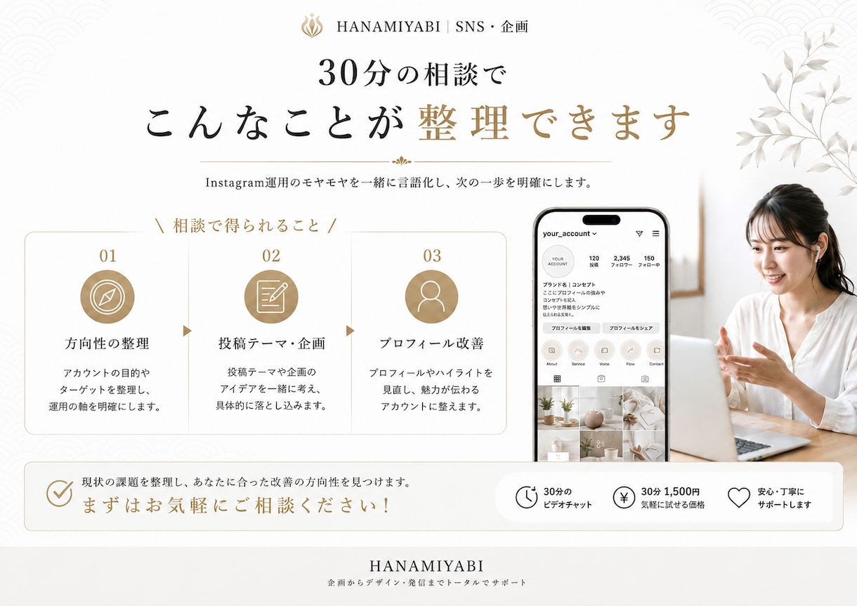Instagram運用のお悩みを30分で整理します 方向性・投稿テーマ・プロフィール改善を一緒に考えます イメージ2