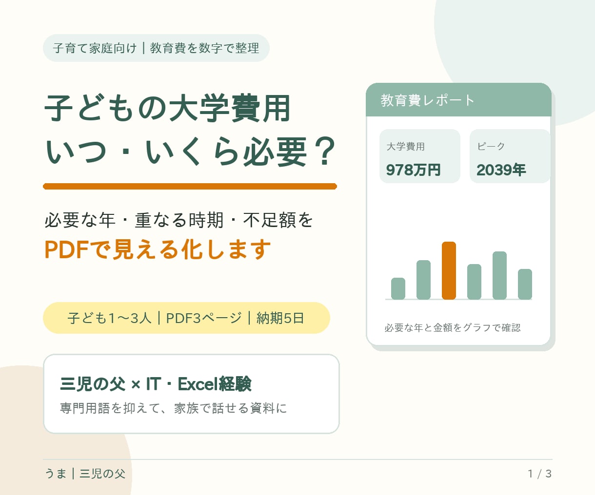 子どもの大学費用を概算シミュレーションします 必要な年・重なる時期・不足額をPDFで見える化します イメージ1
