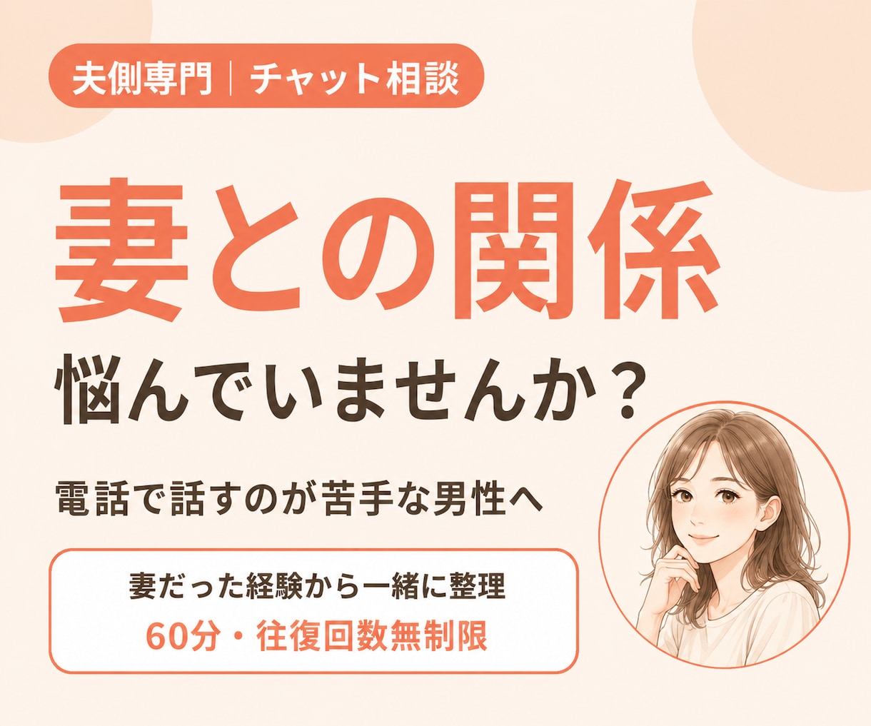 夫側の離婚相談｜60分チャットで打開策を探します 電話が苦手な男性のためのチャット相談室です イメージ1