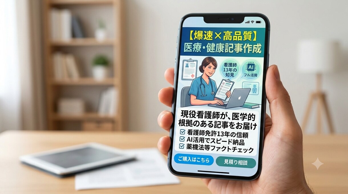 現役看護師が執筆・監修　医療健康記事書きます ​看護師13年の知見×AI活用！爆速正確な病気解説をお届け イメージ1
