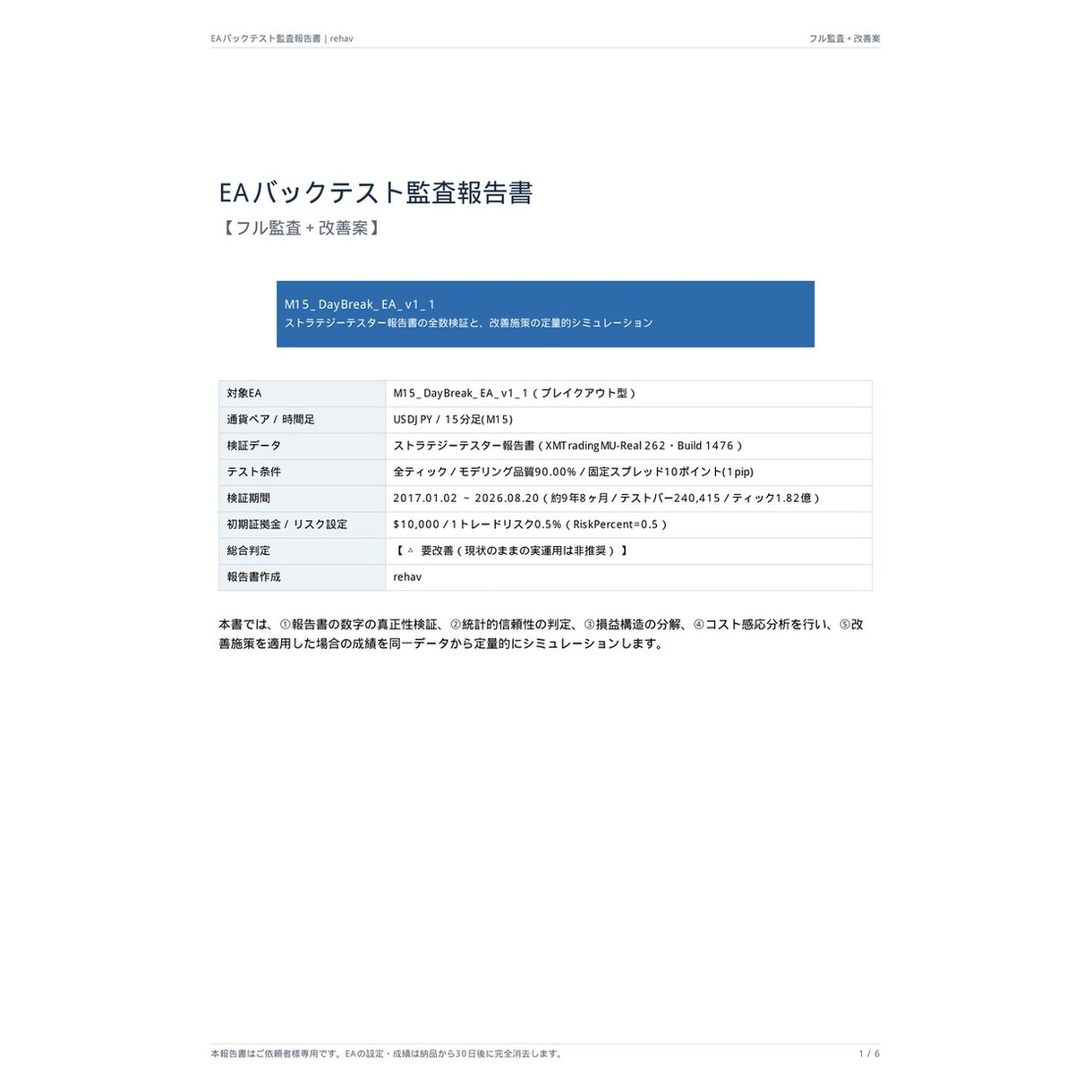 EAバックテスト検証|実データで監査します MT4 EAの実力を検証、PDF報告書作成 イメージ4