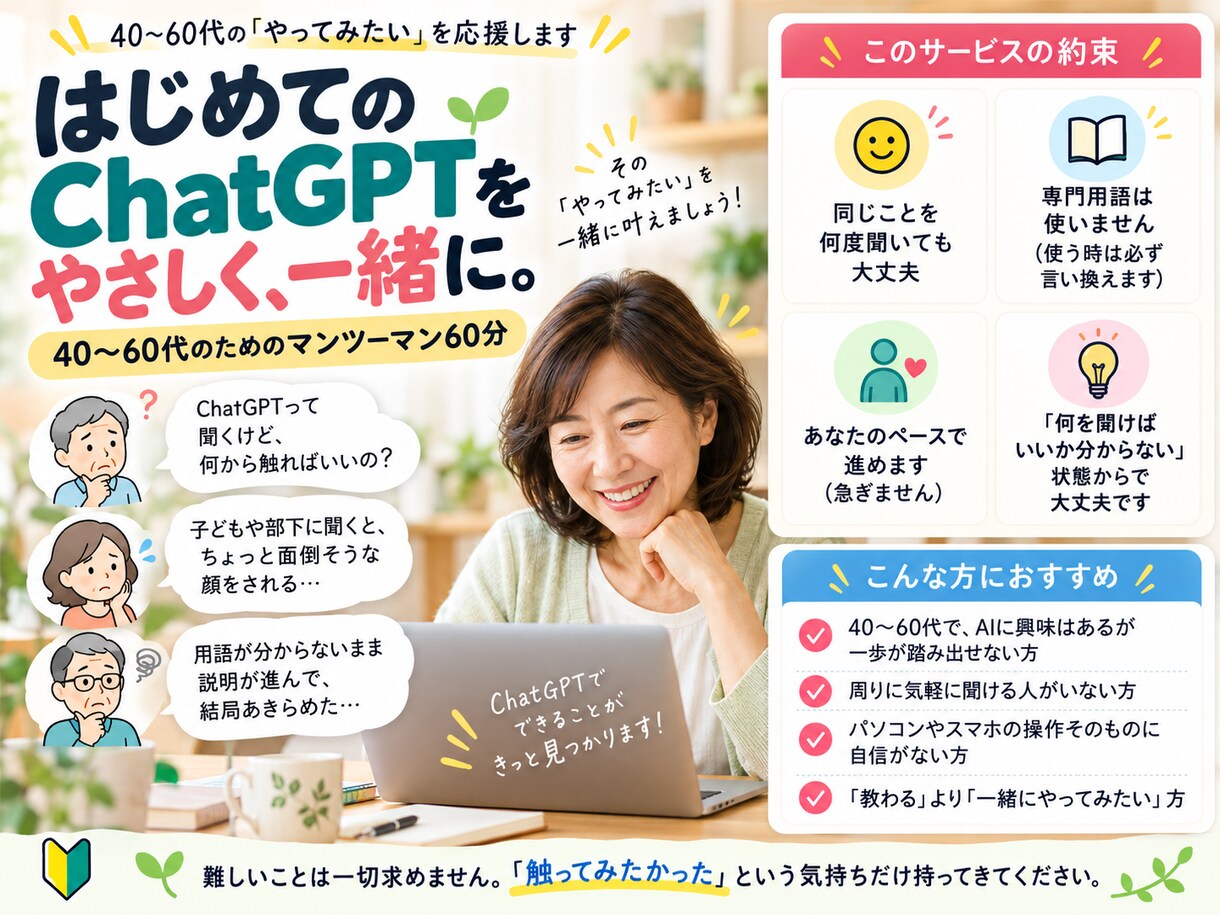 40代からのAI、同世代がゆっくりお手伝いします 何度聞いても大丈夫。専門用語なし・60分で資料が1つ完成 イメージ2
