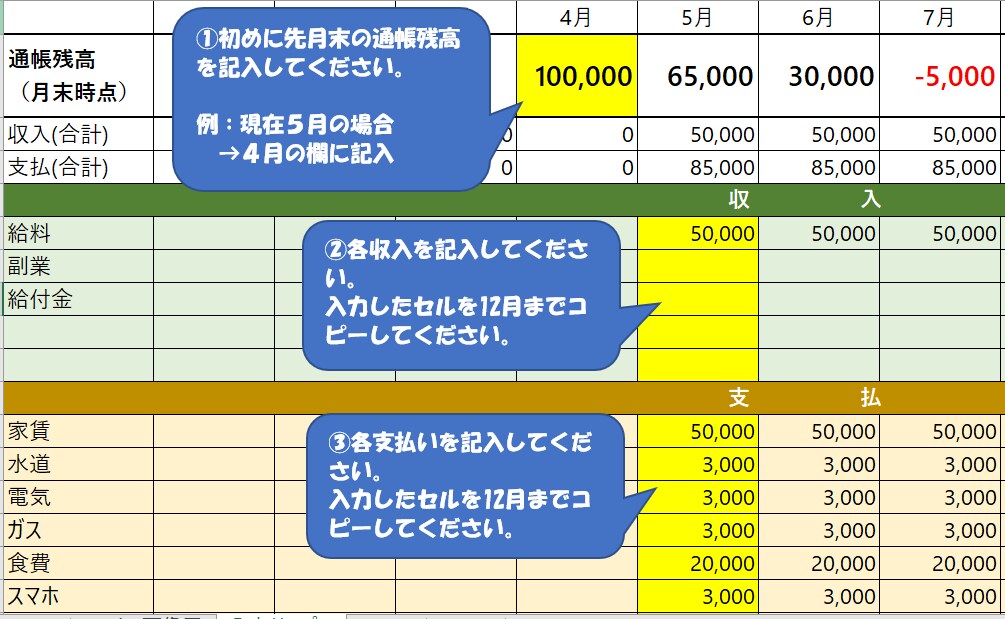 通帳残高0円になる月がわかるExcelお渡しします 通帳を見ながら入力するだけ☆今後の不安な生活費を今すぐ把握！ イメージ2