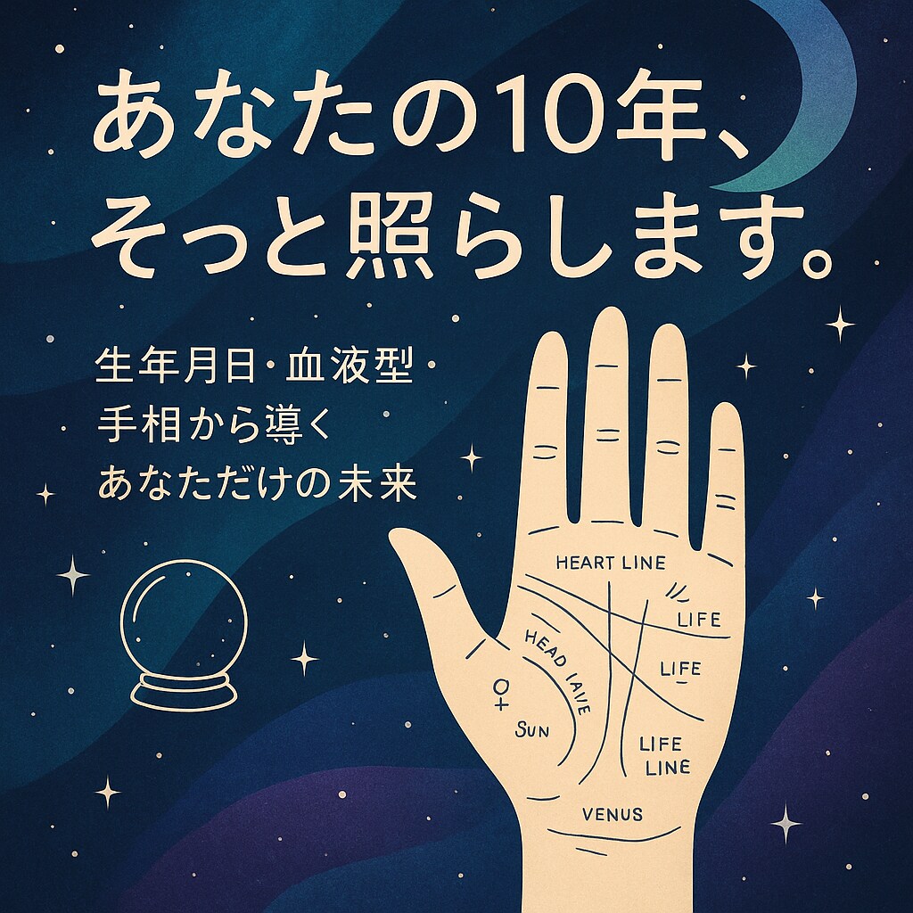 生年月日×手相×血液型で10年占います 2035年までの未来を予測 運命の流れを優しくガイド イメージ1