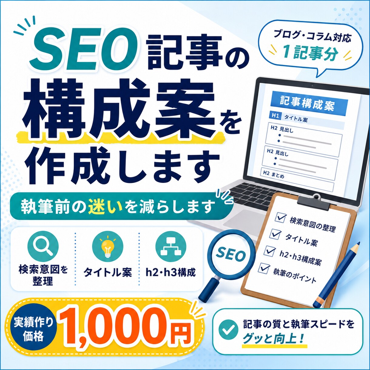 SEO記事の簡易構成案を1記事分作成します 実績作り価格として1,000円 イメージ1