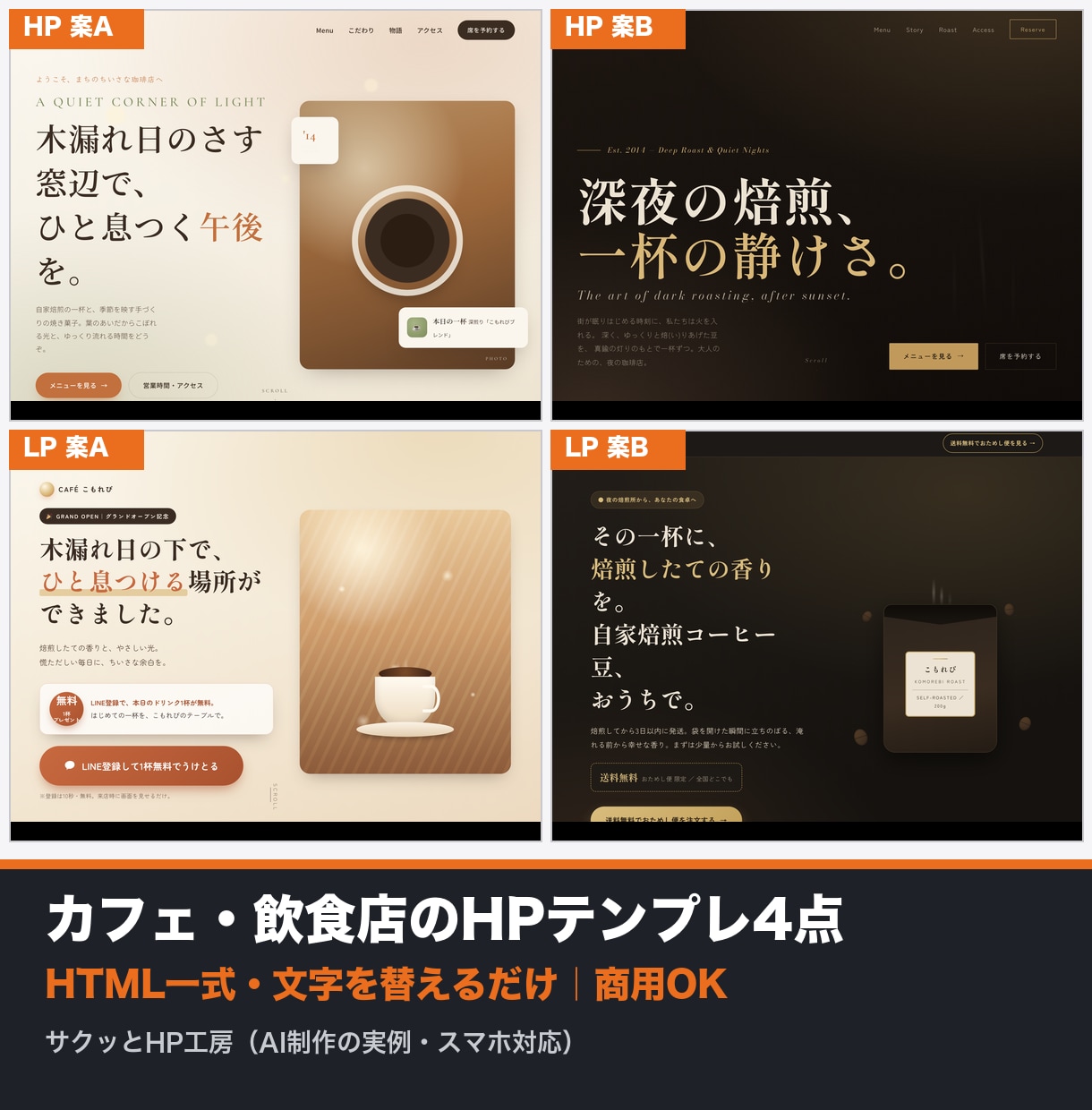 カフェ・飲食店のHPテンプレ4点セットを販売します メニューも地図も載る。文字を替えるだけのHP一式。 イメージ1