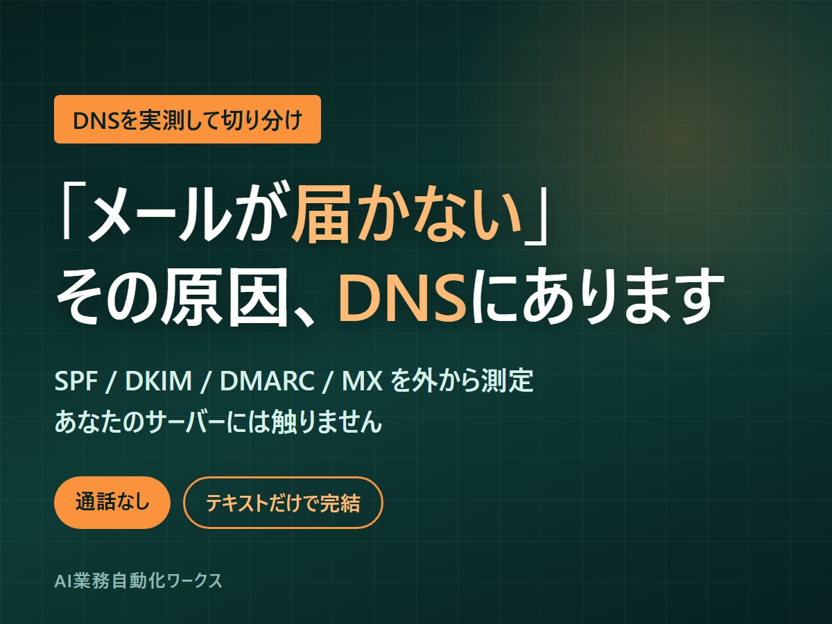 メールが届かない原因をDNSから特定します 購入前に一次診断。SPF/DKIM/DMARCを実測します イメージ1