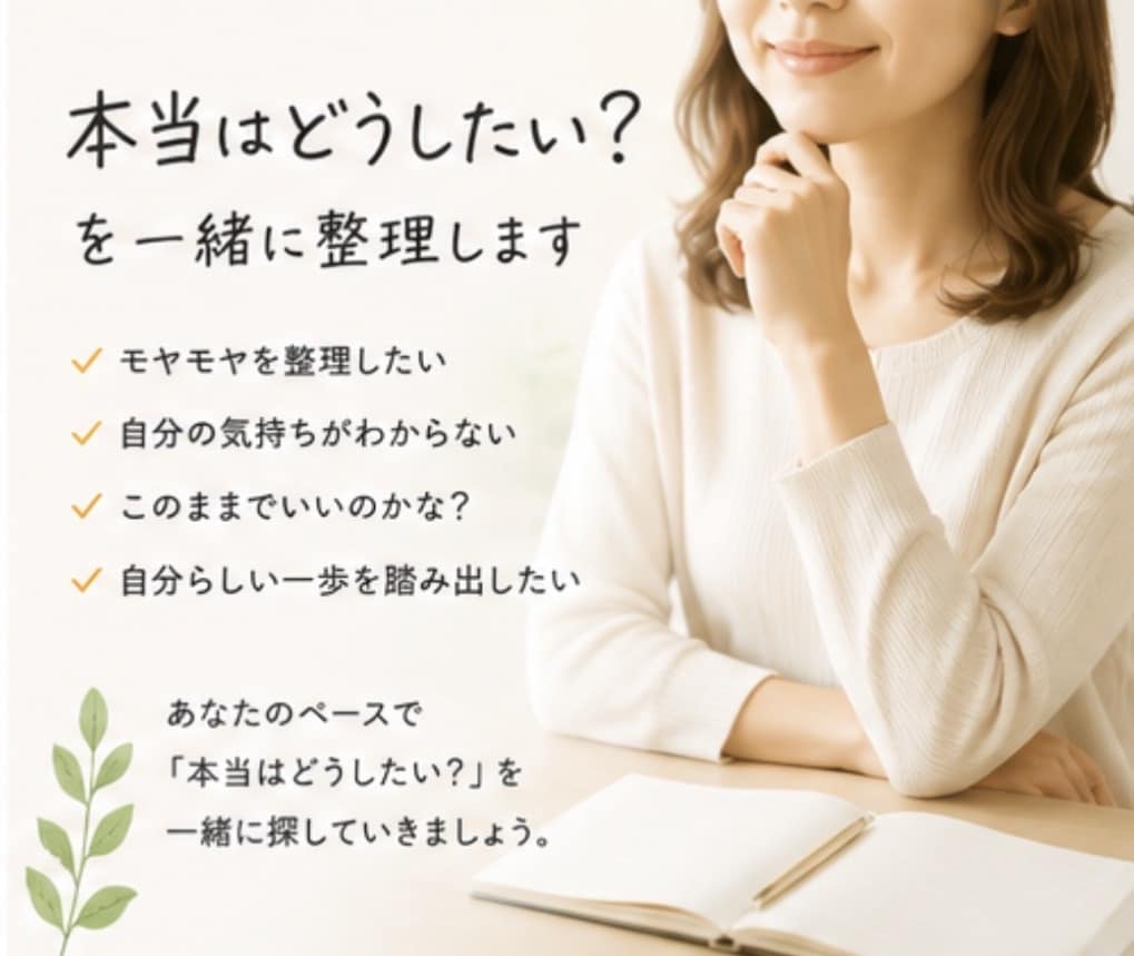 本当はどうしたい？を一緒に整理します 気持ちと考えを整理して自分らしい一歩を見つけます イメージ1