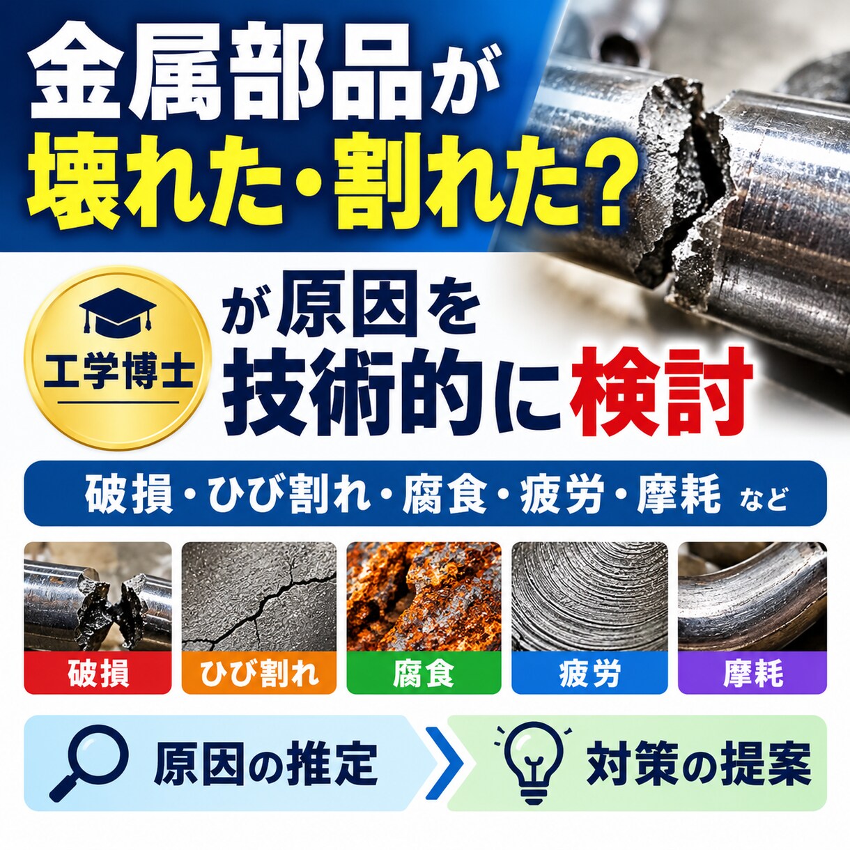 金属部品の破損・ひび割れの原因を検討します 工学博士が損傷原因を推定して対策を回答 イメージ1