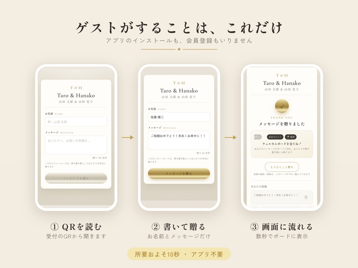 結婚式の動くデジタル芳名帳・寄せ書き作ります 受付のQRから祝福が届く、ゲスト参加型の新しい演出 イメージ4