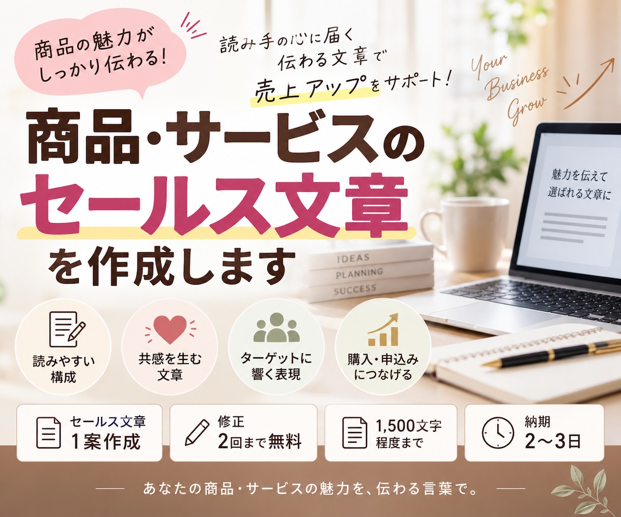 商品・サービスのセールス文章を作成します 商品の魅力を整理し、購入・申込みにつながる流れで作成します イメージ1