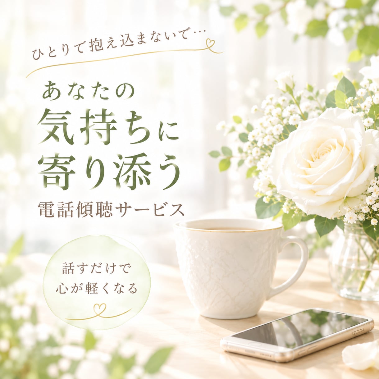 いつも聞き役の優しいあなたへ。今度はお聴きします 人の気持ちに寄り添うあなたにも、自分の心を話す時間を。 イメージ2