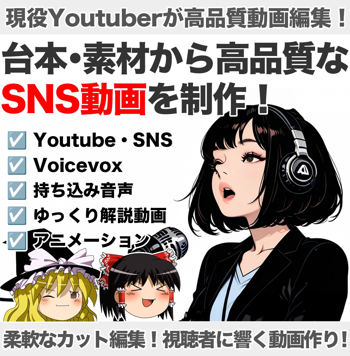 台本・素材から高品質なSNS動画を編集します 台本と素材を渡すだけ！Youtube動画をプロ品質に最短編集 イメージ1