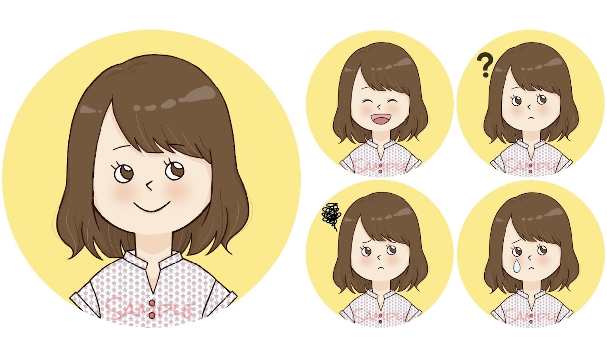 選べる表情5点セット◎ゆるポップアイコン作成します 希望の髪型・服装でオリジナル☆SNSやブログの吹き出しに最適 イメージ2