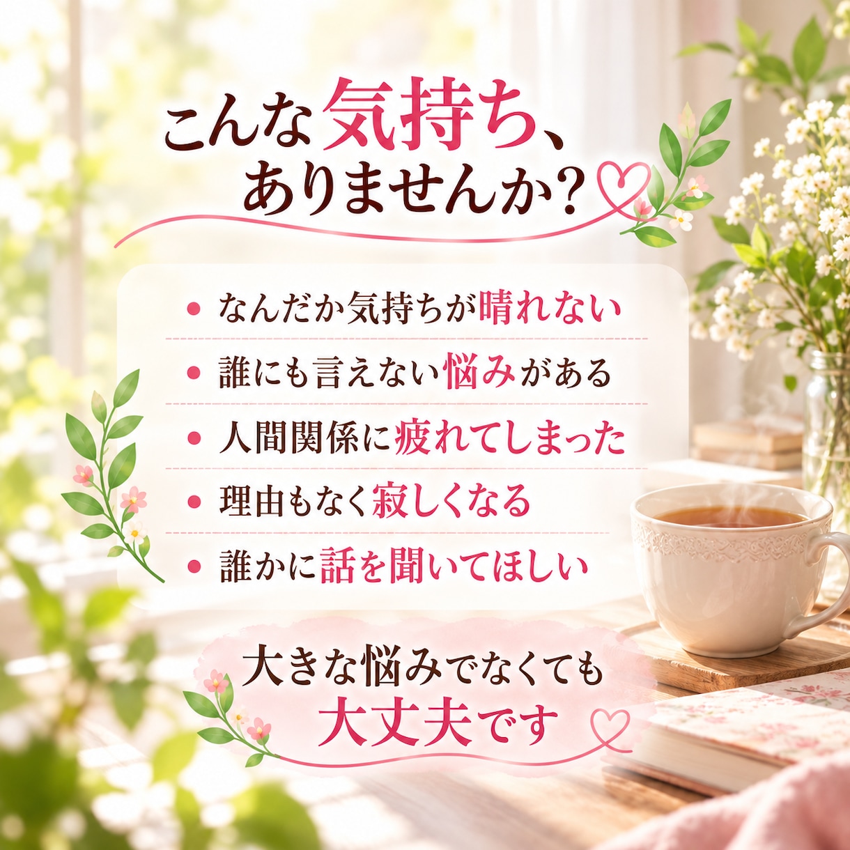 つらい気持ちやモヤモヤをやさしく丁寧にお聴きします 5分だけでも大丈夫。20年以上女性の心に寄り添ってきました。 イメージ2