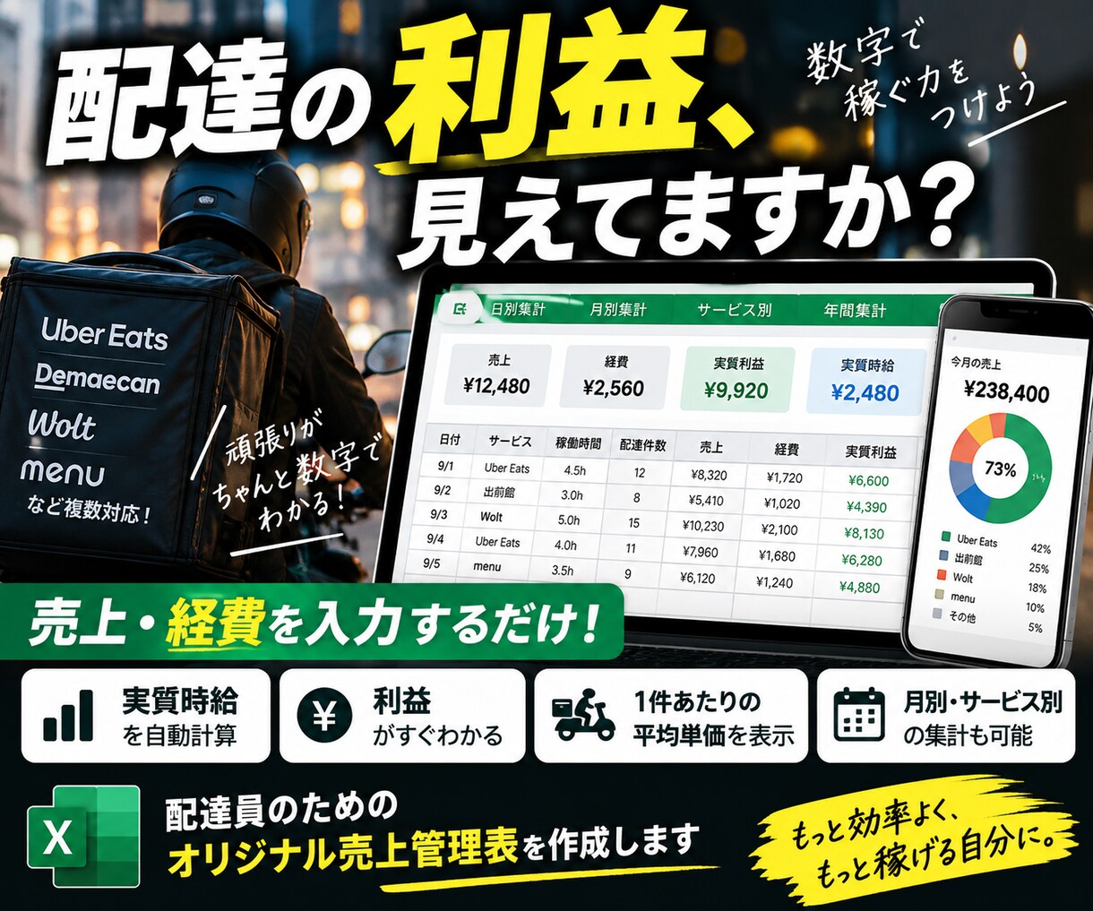 配達員向け売上管理表を作成します 売上・経費を入力するだけ！実質時給・利益・1件単価を自動計算 イメージ1