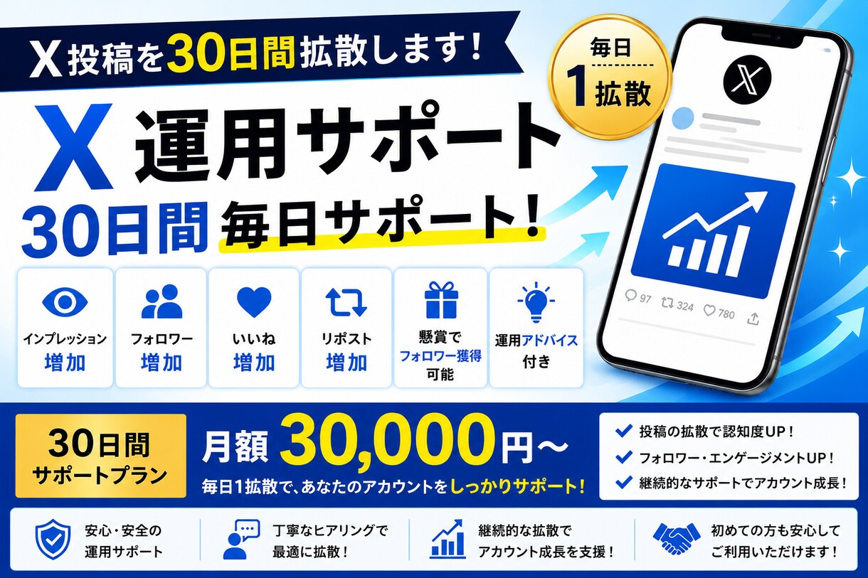 X(旧Twitter)30日間拡散代行します X運用サポート｜30日間毎日拡散で認知度UP！ イメージ1