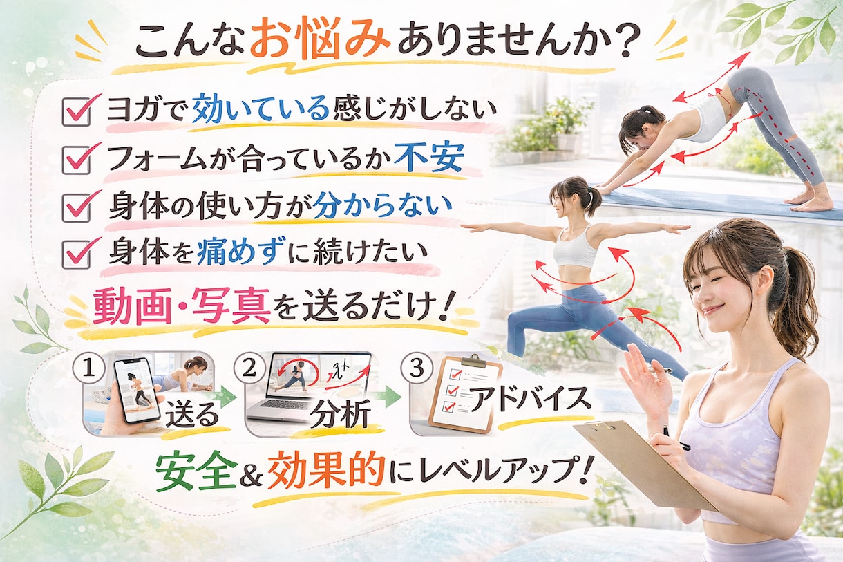 ヨガ・ピラティスで効かない原因をフォーム分析します 動画を送るだけ｜身体の使い方を丁寧に分析 イメージ2