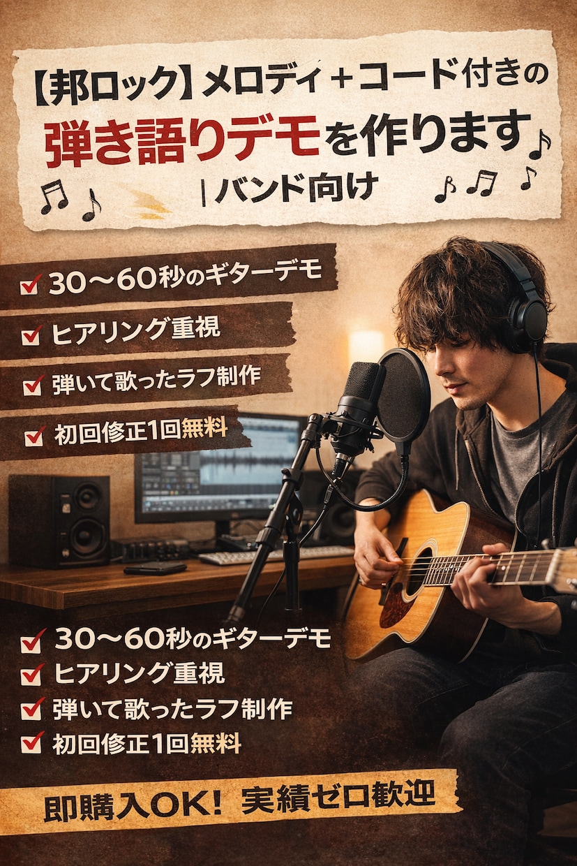 邦ロック・メロディ＋コード付きの弾き語り作ります メロディが浮かばない、その状態からで大丈夫。 イメージ1