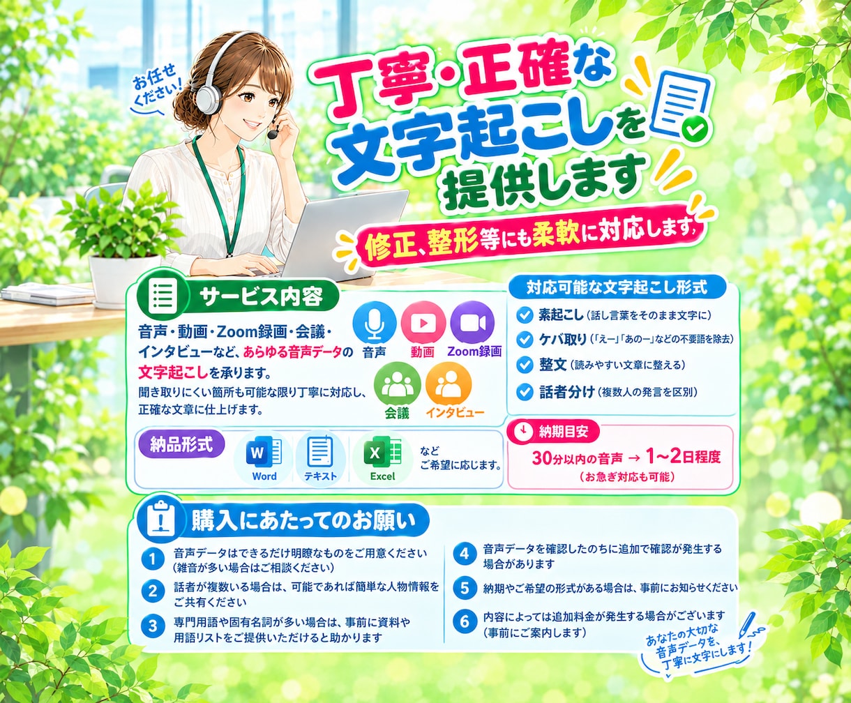 丁寧・正確な文字起こしを提供します 修正、整形等にも柔軟に対応します イメージ1