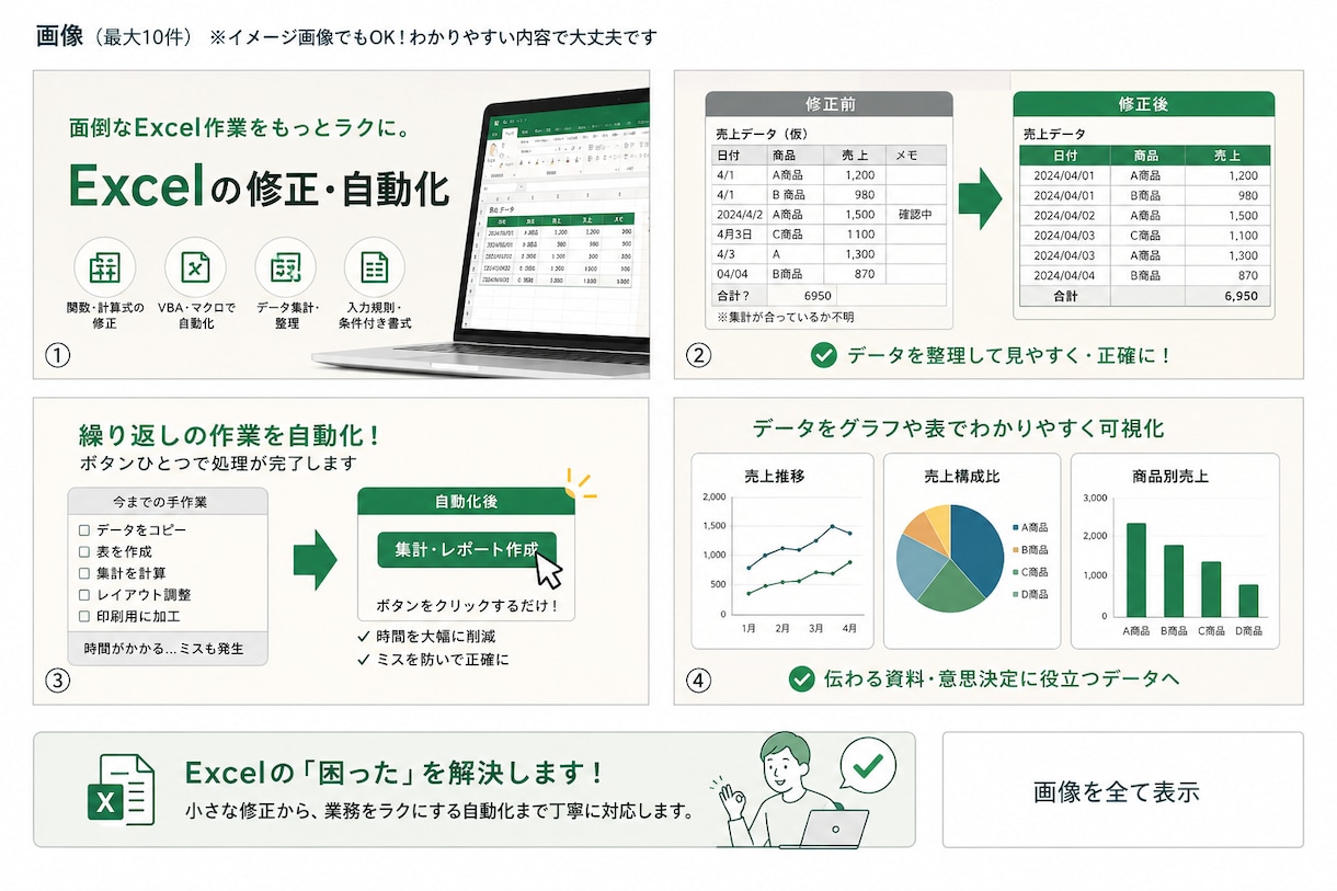 Excelの修正や業務効率化をお手伝いします 小さな修正から自動化まで丁寧に対応します イメージ1