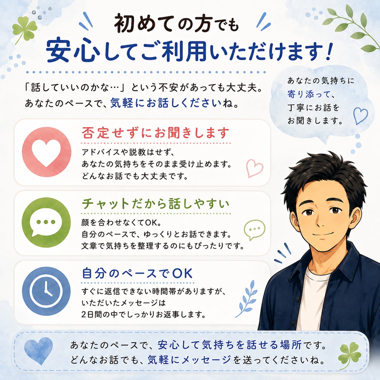チャットで愚痴・悩み・雑談をお聞きします 気軽に話せるチャット相手です。 イメージ2