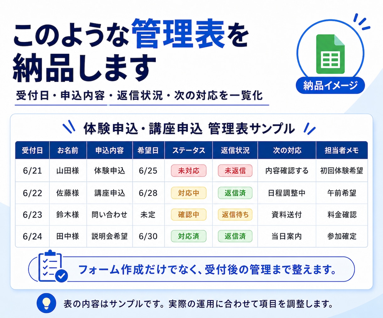 Googleフォーム受付を管理表へ自動反映します 受付後の返信状況・次回対応まで整理 イメージ2