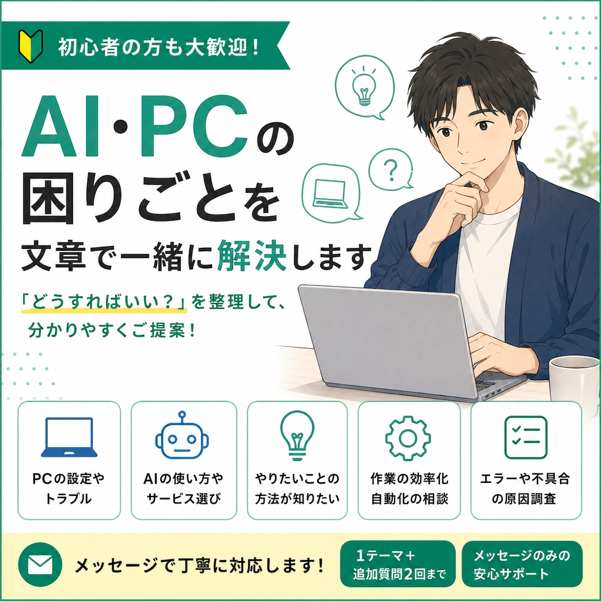 AI・PCの「どうすればいい？」を一緒に解決します 初心者歓迎｜分からない状態から丁寧に整理します イメージ1