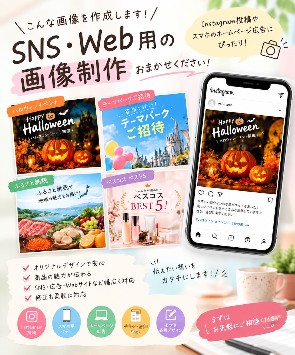 広告用バナー画像、ホームページ用広告画像作成します どなたでも、お気軽にメッセージ下さいませ♪ イメージ1
