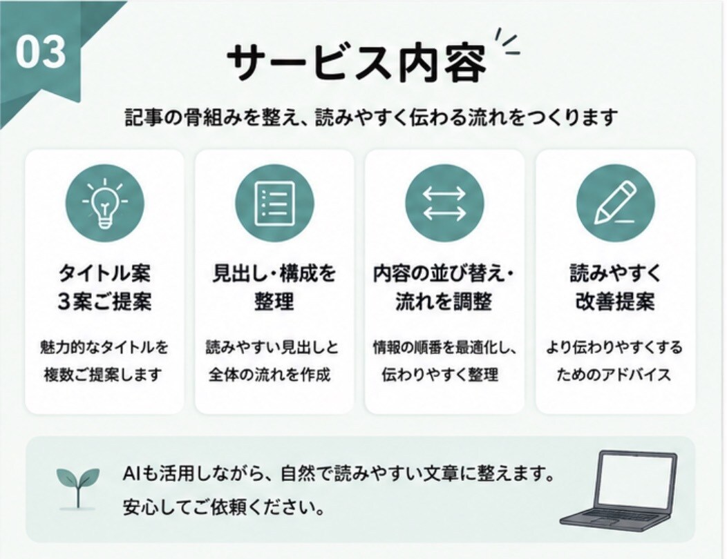 note初心者向けの記事構成を整えます タイトル・見出し・流れを読みやすく整理します イメージ3