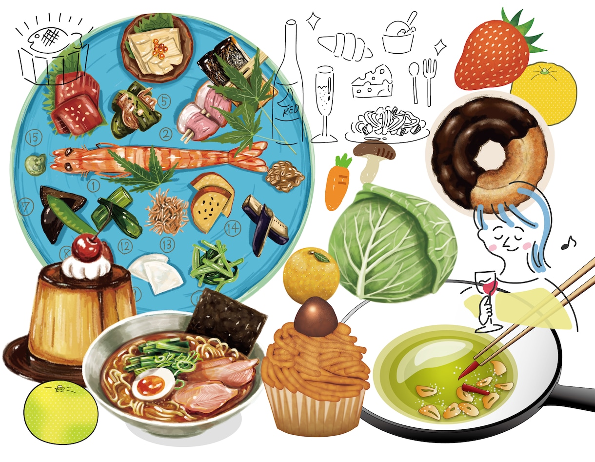 おしゃれな食べ物飲み物料理イラスト挿し絵描きます 雑誌・教材・WEB等◎テイストご相談ください◎ イメージ1