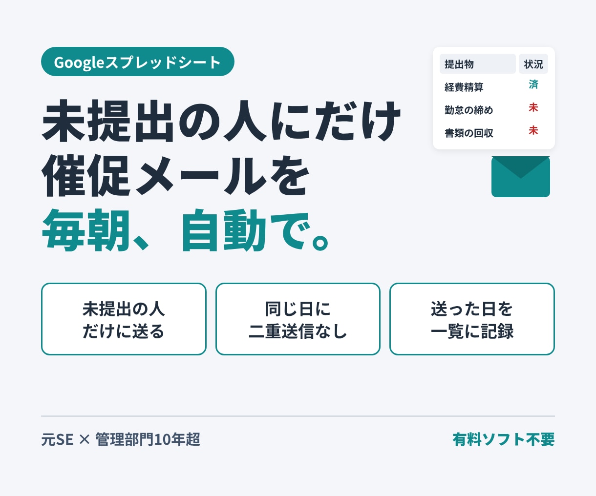 未提出者への催促メールを自動で送る仕組みを作ります スプレッドシートだけで、毎朝自動で催促します イメージ1