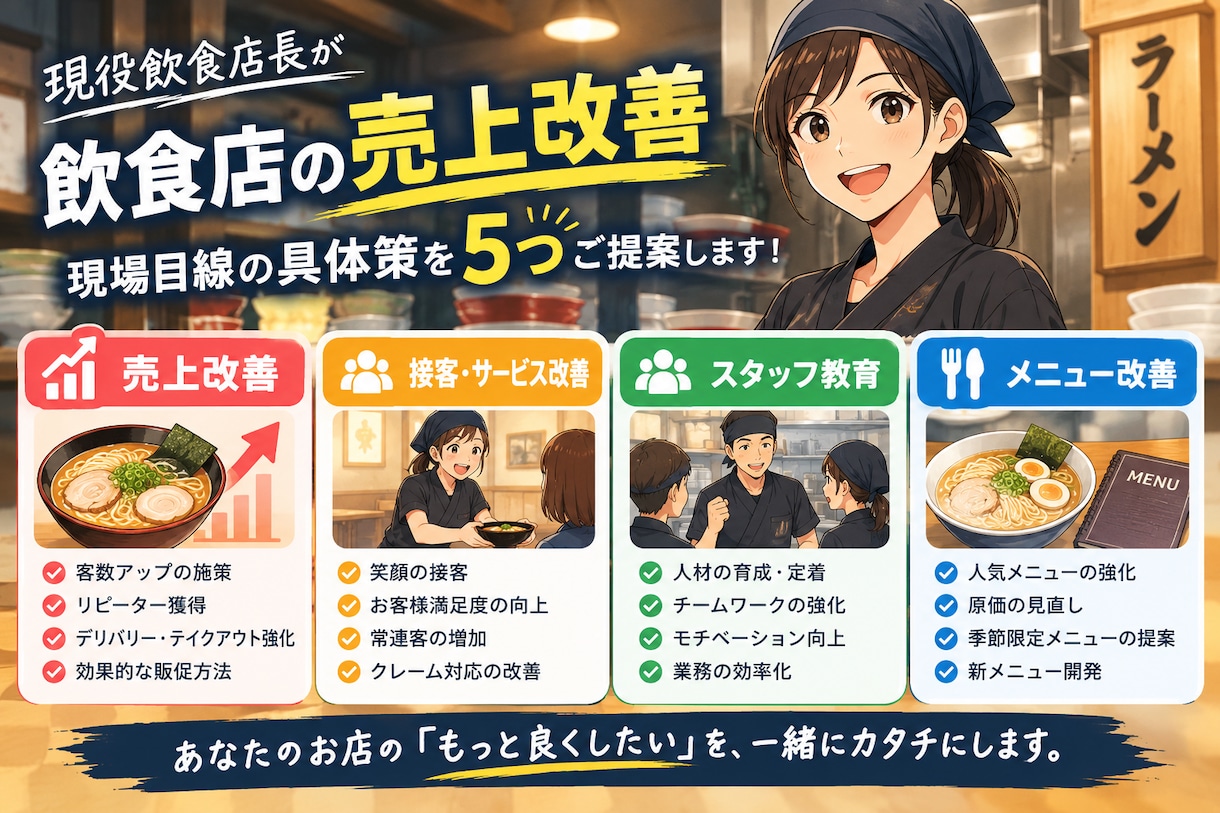 現役飲食店長が売上改善の具体策を5つ提案します 飲食店の売上・接客・運営改善を現場目線で提案します イメージ1