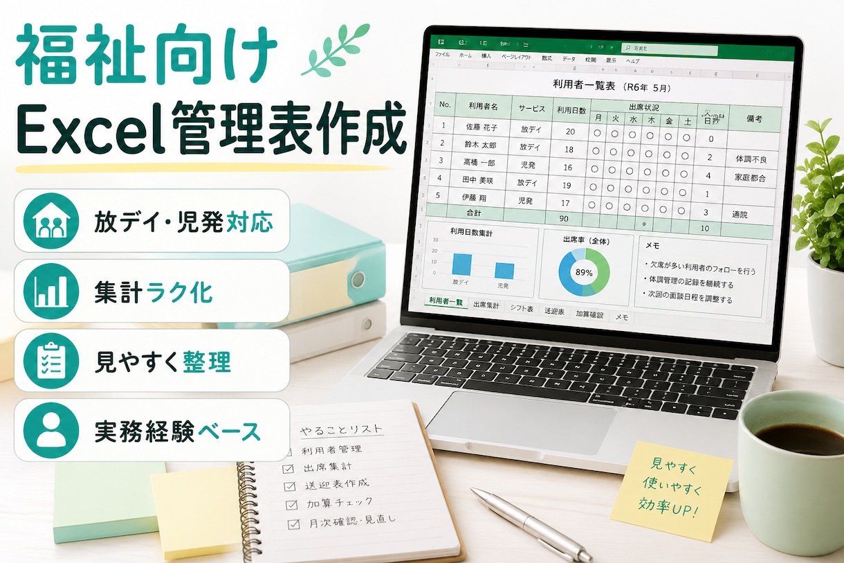 福祉向けExcel管理表・集計表を作成します 放デイ・児発・就労支援の実務に対応します イメージ1