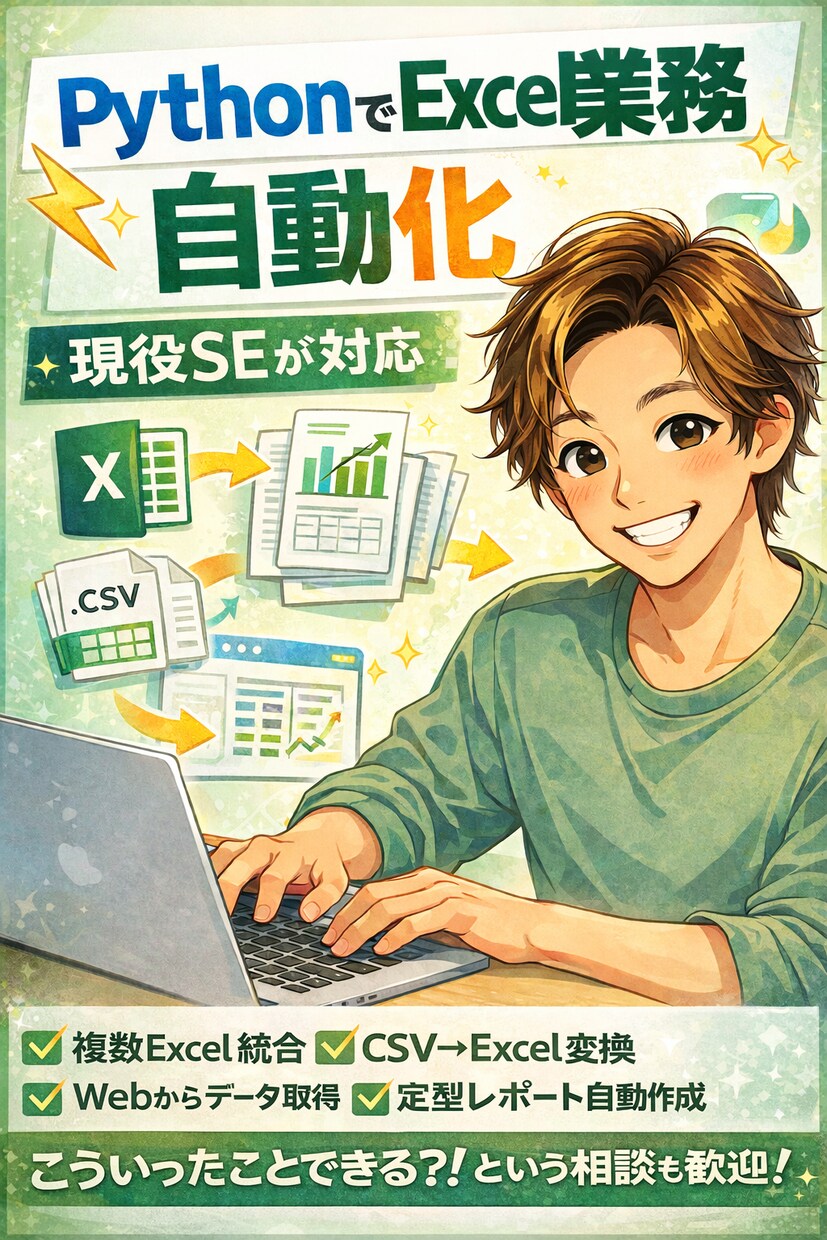 PythonでExcel作業・業務を自動化します Excel／CSV加工、スクレイピングなどで繰返し作業自動化 イメージ1