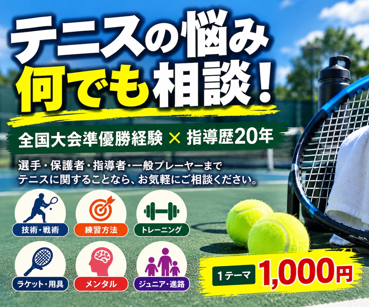 テニスのあらゆる悩みにお答えします 全国準優勝経験・指導歴20年の視点でアドバイス！ イメージ1