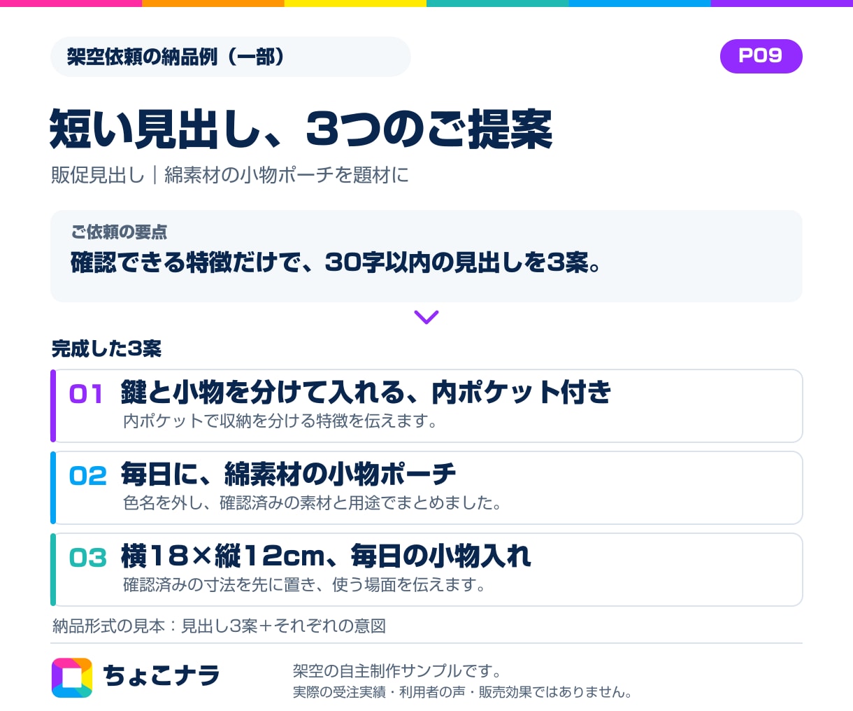 商品やサービスのキャッチコピーを3案考えます 確定情報から短い見出し3案。初めてでも相談を イメージ2