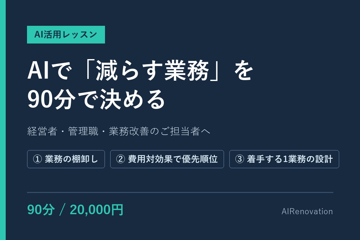 自社の業務をAIで減らす設計をレッスンします 現場を止めずに「何をAIに渡すか」を90分で決める イメージ1