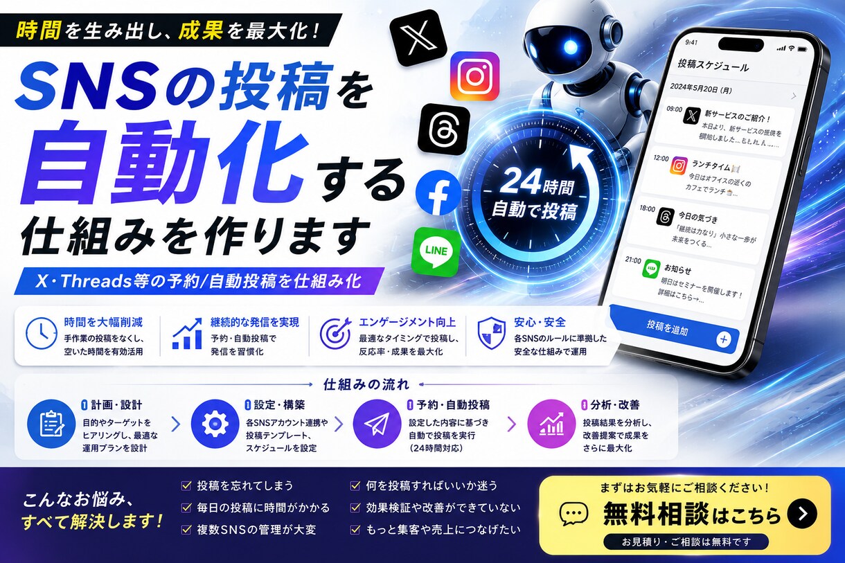 SNSの投稿を自動化する仕組みを作ります X・Threads等の予約/自動投稿を仕組み化 イメージ1