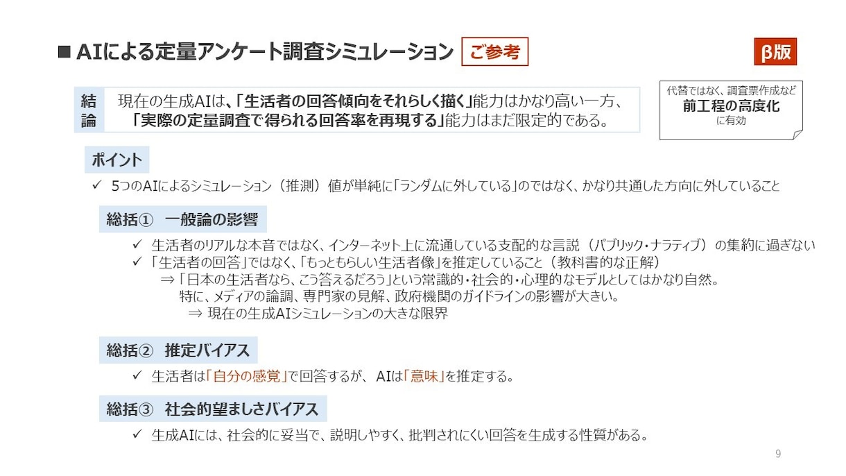 定量アンケート調査結果から生活者の本音を探索します アンケート調査結果とAIの推定値ギャップから探索します イメージ9