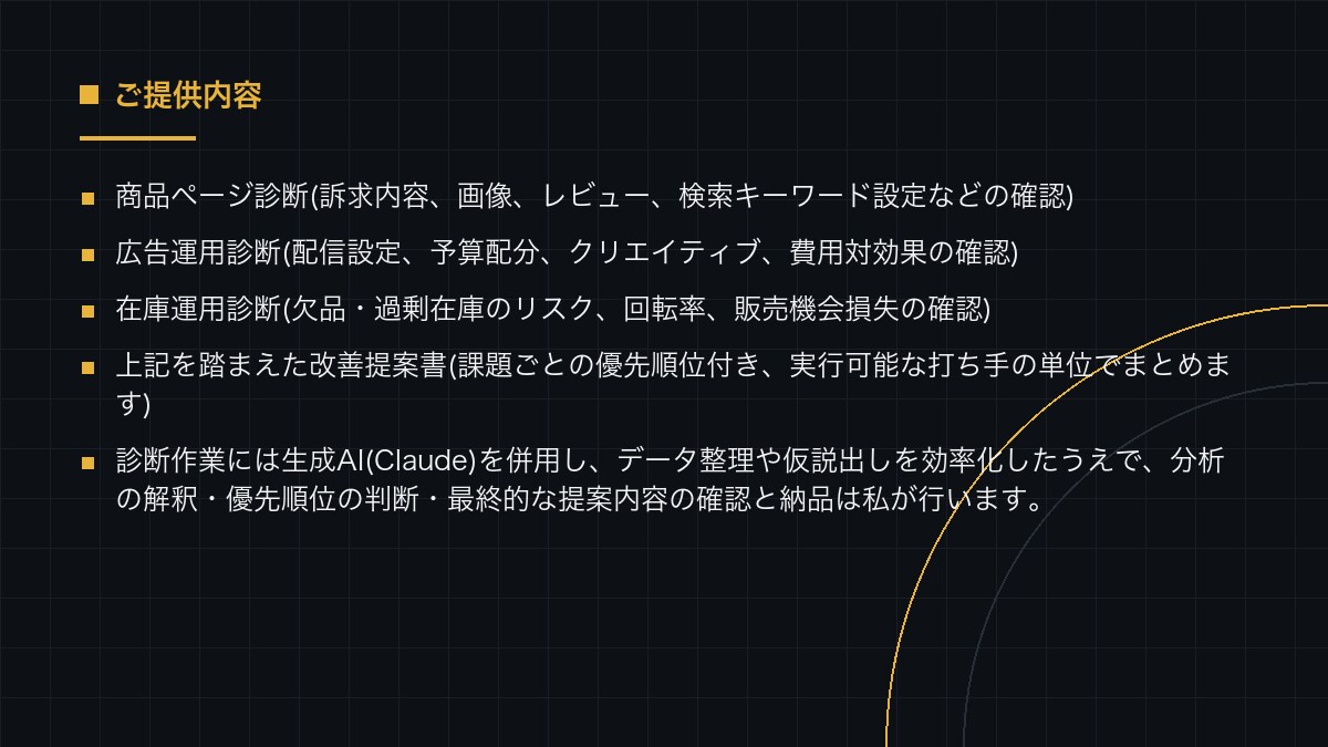 Amazon・ShopifyのEC売上を診断します 広告・商品ページ・在庫の順に、売上が止まる場所を特定します イメージ3