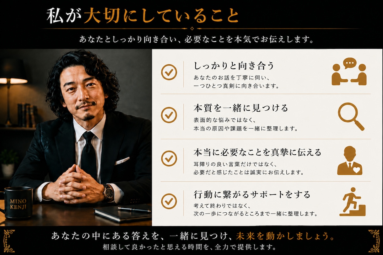 思考を整理し、最適な次の一手を一緒に考えます 迷いを整理し、進むべき方向を明確にします イメージ5