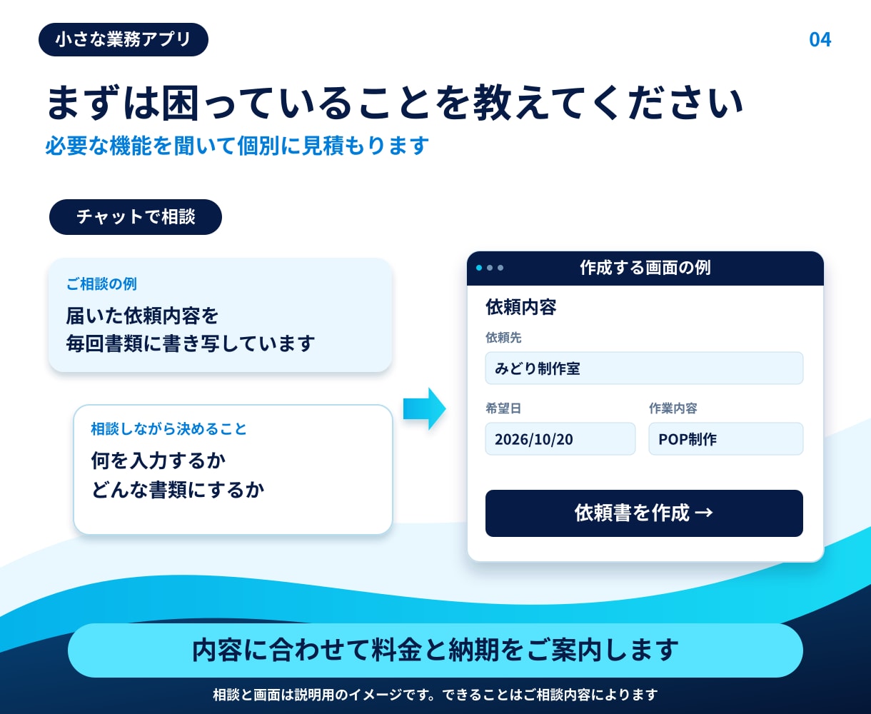入力や計算を楽にする業務アプリを作ります 困っている作業を聞き、必要な機能を一緒に決めます イメージ4