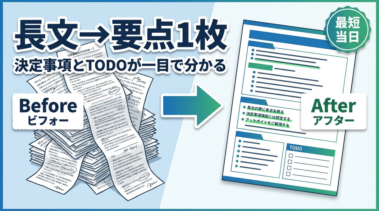 会議メモや長文を要点1枚に要約します 決定事項・TODO・リスクまで整理　まずは1本、お試し価格 イメージ1