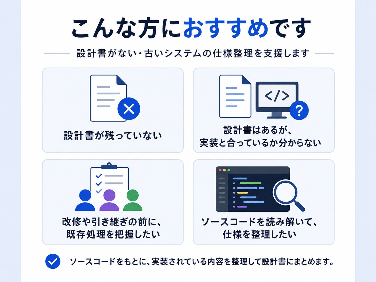 既存ソースコードから設計書をリバース作成します 設計書がない古いシステムの仕様を、ソースコードから整理します イメージ3