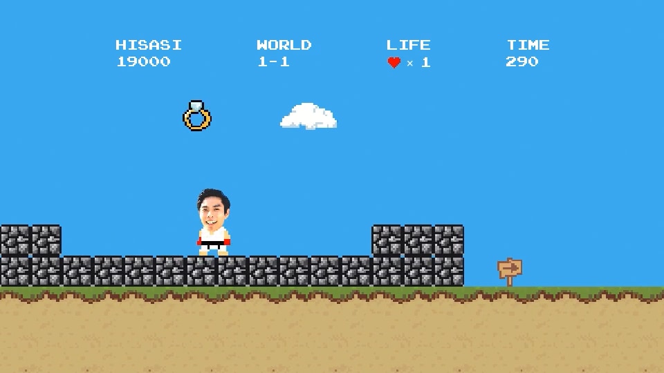 マリオのようなドット絵ゲーム結婚式OP動画作ります 実際にゲームを構築。顔写真とテキストだけの簡単依頼も可 イメージ6