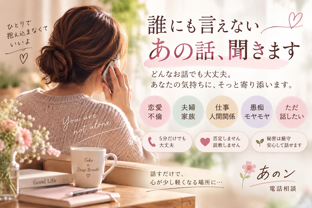 誰にも言えない悩みや愚痴を優しくお聞きします 否定も説教もしません。あなたの気持ちに寄り添います イメージ1